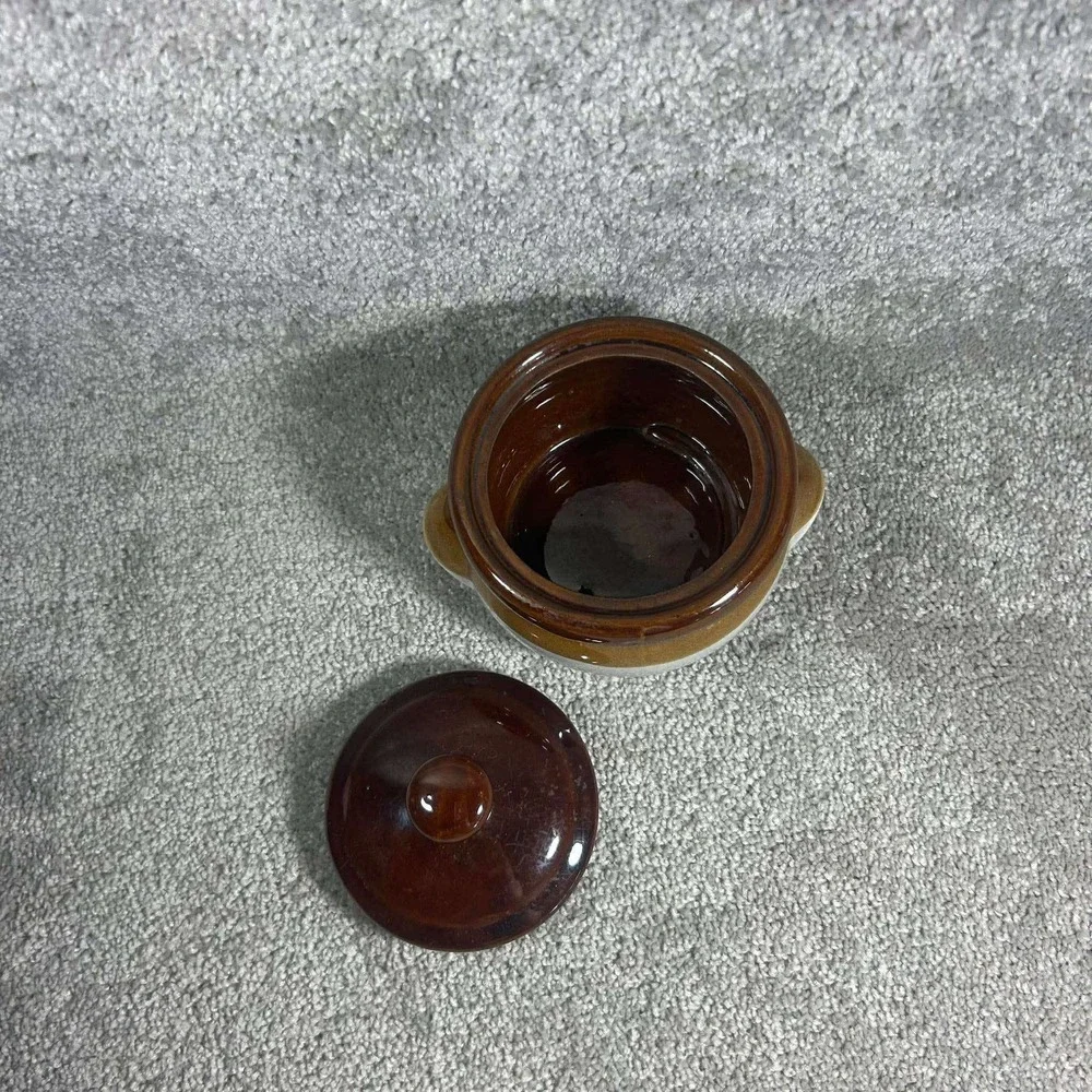 Bean Pot Brown Tan Cream Stoneware Mini Crocks Set of 2 with 1 Lid